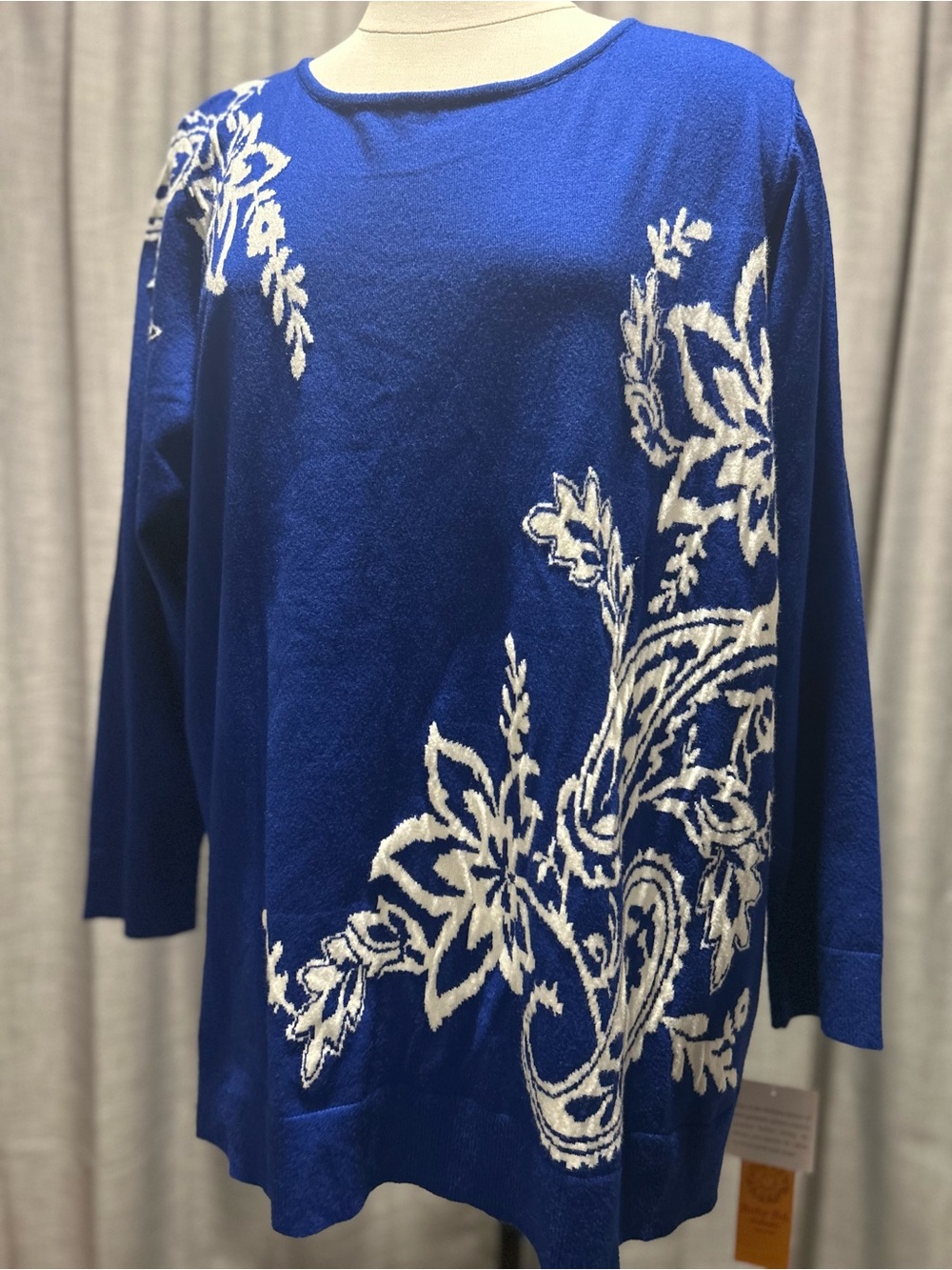 Ruby Rd. Royal Blue Sweater with White Floral Jacquard
